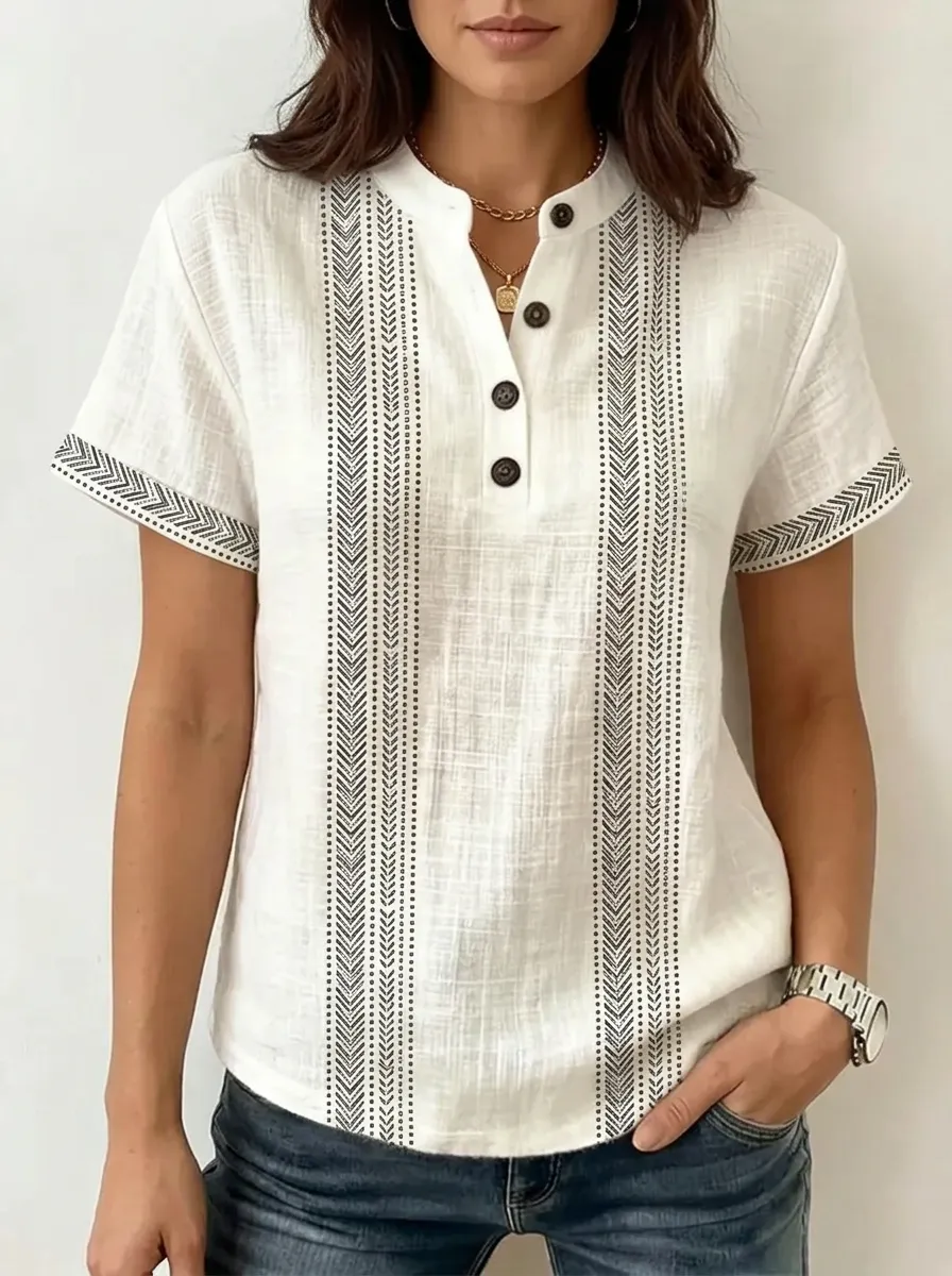 Women's Nashville Travel Geometric Stripe Printed Henley Shirt