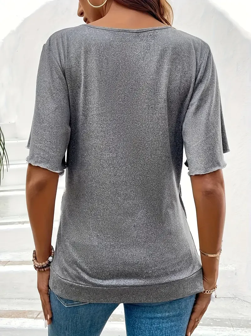 Elegant Beaded V-Neck T-Shirt - Soft Polyester Blend, Solid Color Knit Fabric, Regular Length, Short Sleeve, Summer Top with Chic Detailing - 95% Polyester, 5% Elastane