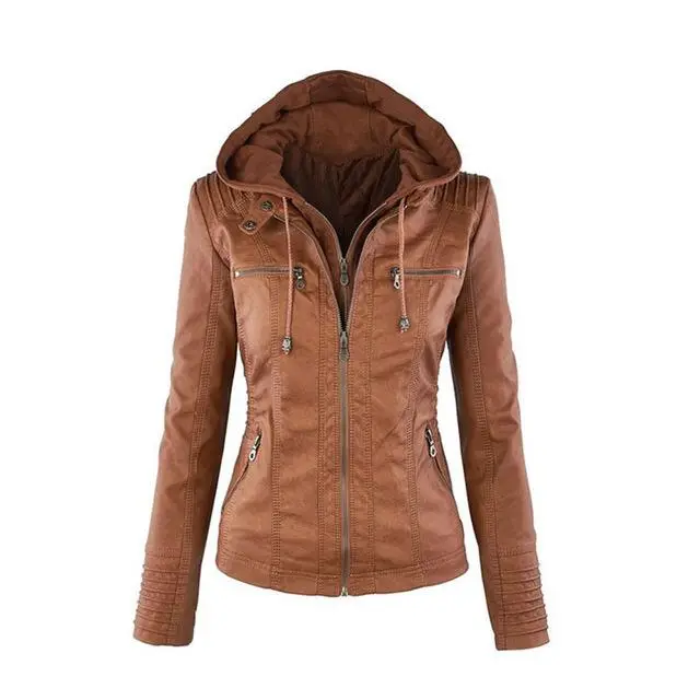 Women's Removable Hooded Faux Leather Jackets