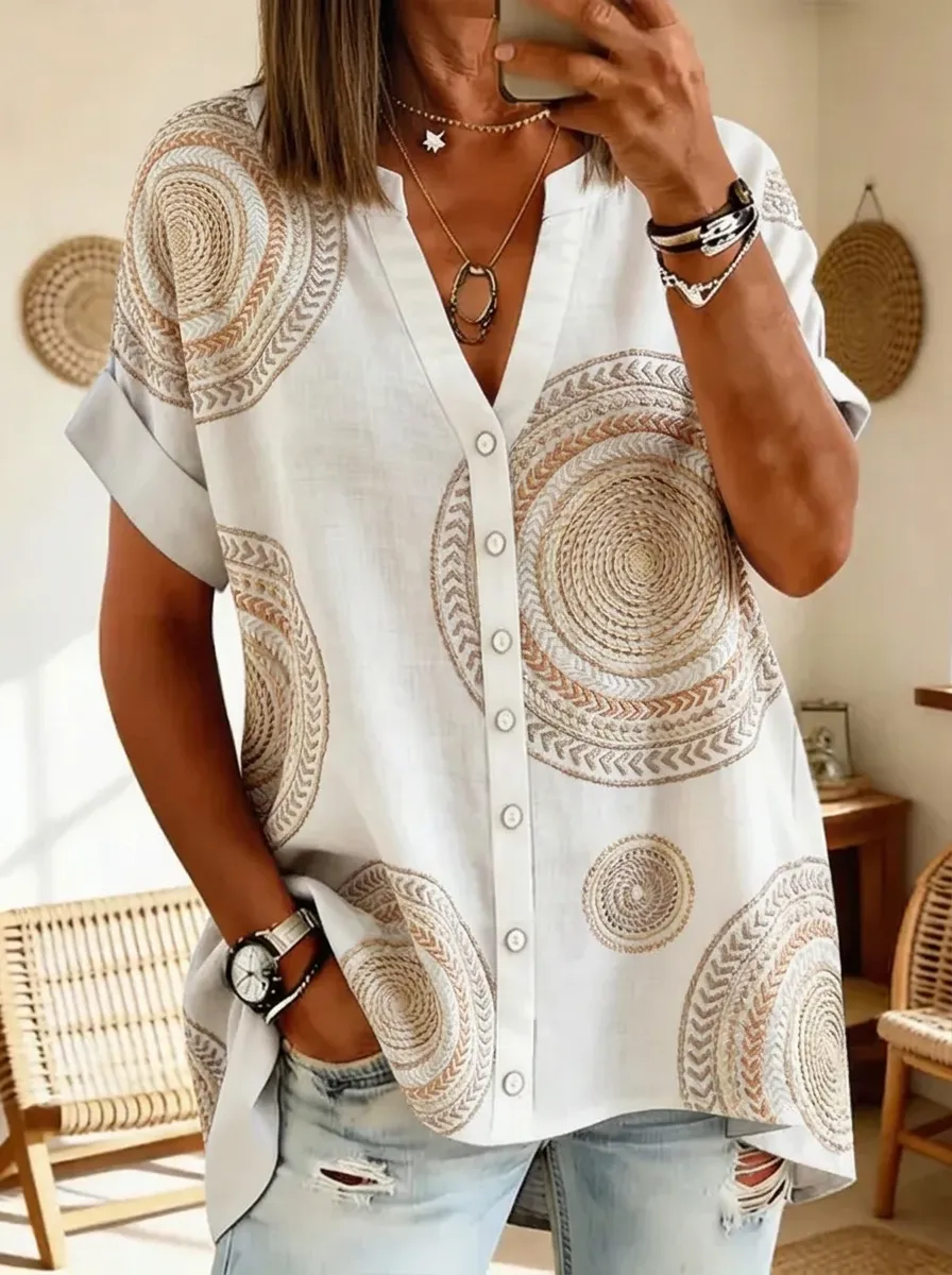 Women's Nashville Boho Circle Pattern Printed Button Down Shirt