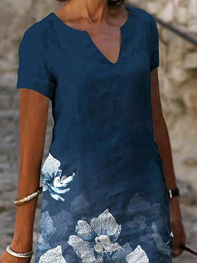 Women‘s A Line Dress Knee Length Dress Green Blue Short Sleeve Floral Print Spring Summer V Neck Basic Casual Loose 2023 S M L XL XXL 3XL / 3D Print