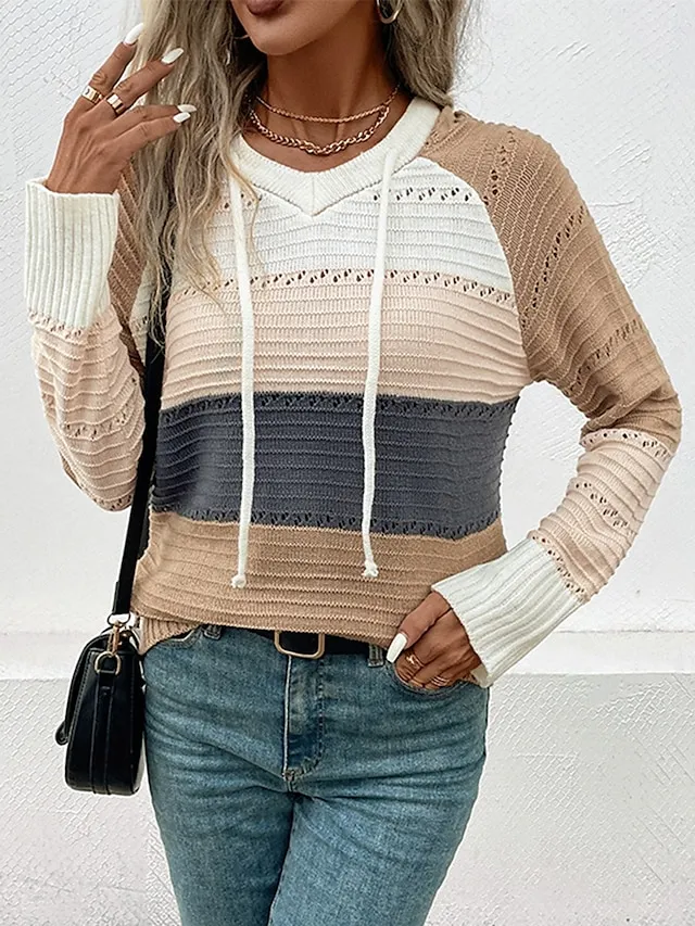 Women's Pullover Sweater Jumper V Neck Knit Hooded Spring Fall Daily Casual Soft Long Sleeve Color Block Apricot