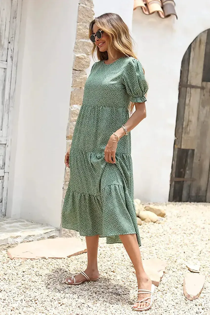 Floral Print Ruffle Puff Sleeve High Waist Midi Dresses