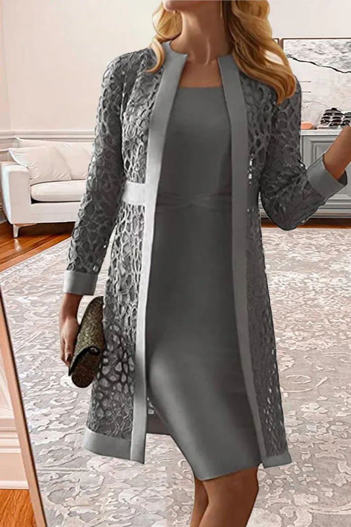 Spring Wedding Guest Dress Women's Solid Color Casual Lace Cardigan Dress Two Piece Sets