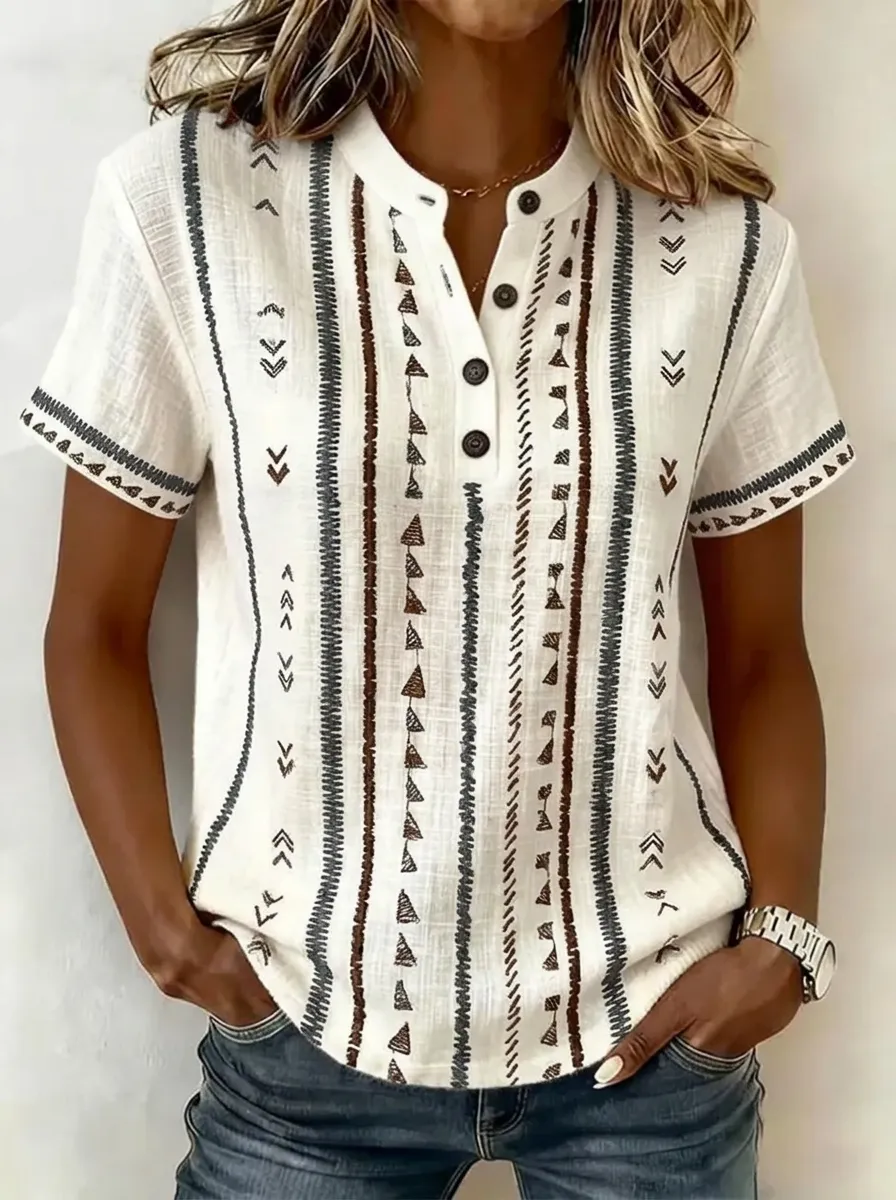 Women's Nashville Boho Geometric Striped Printed Henley Shirt