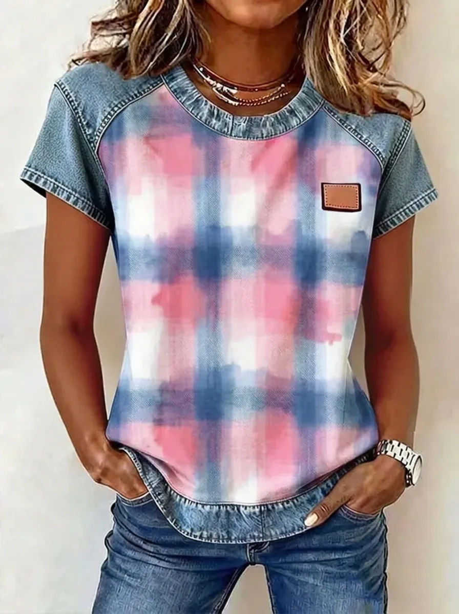 Women's Nashville Country Style Plaid Printed Denim Patchwork T-shirt