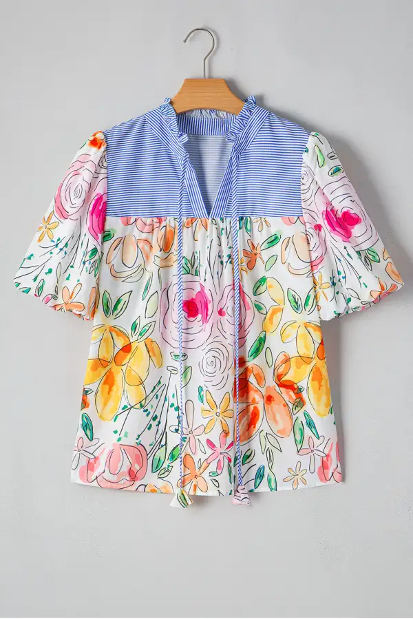 Striped Floral Frilled Blouse