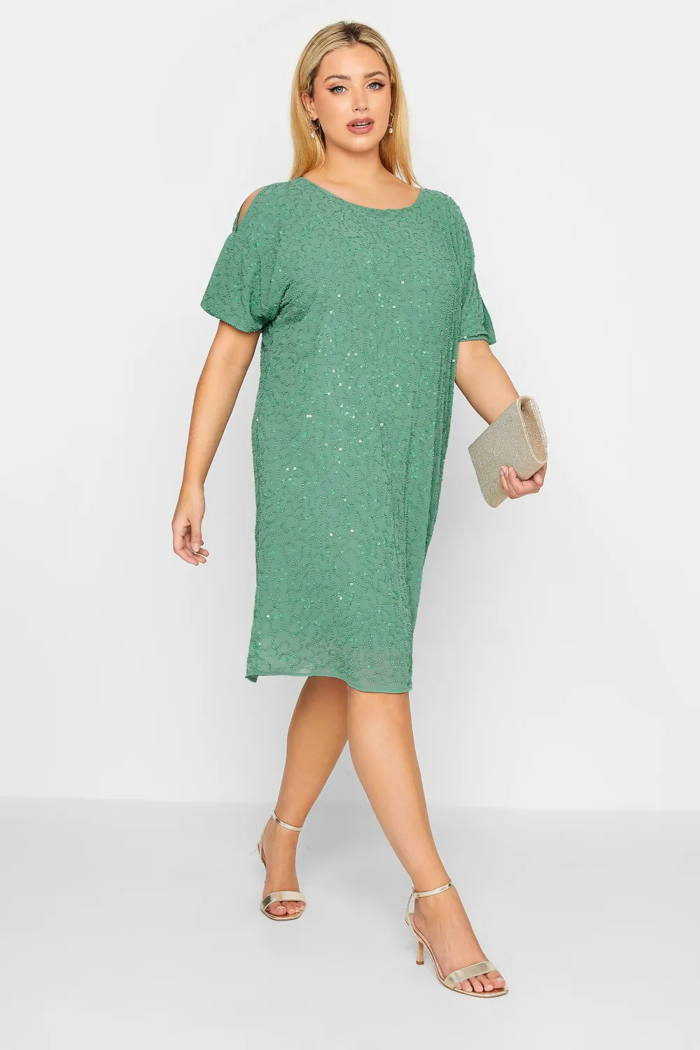 LUXE Curve Teal Green Sequin Hand Embellished Cape Dress