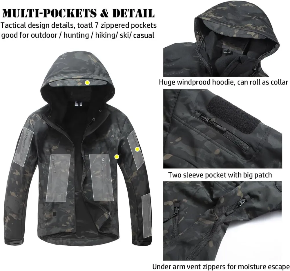 Men's Soft Shell Military Tactical Jacket Outdoor Camouflage Hunting Fleece Hooded Coat