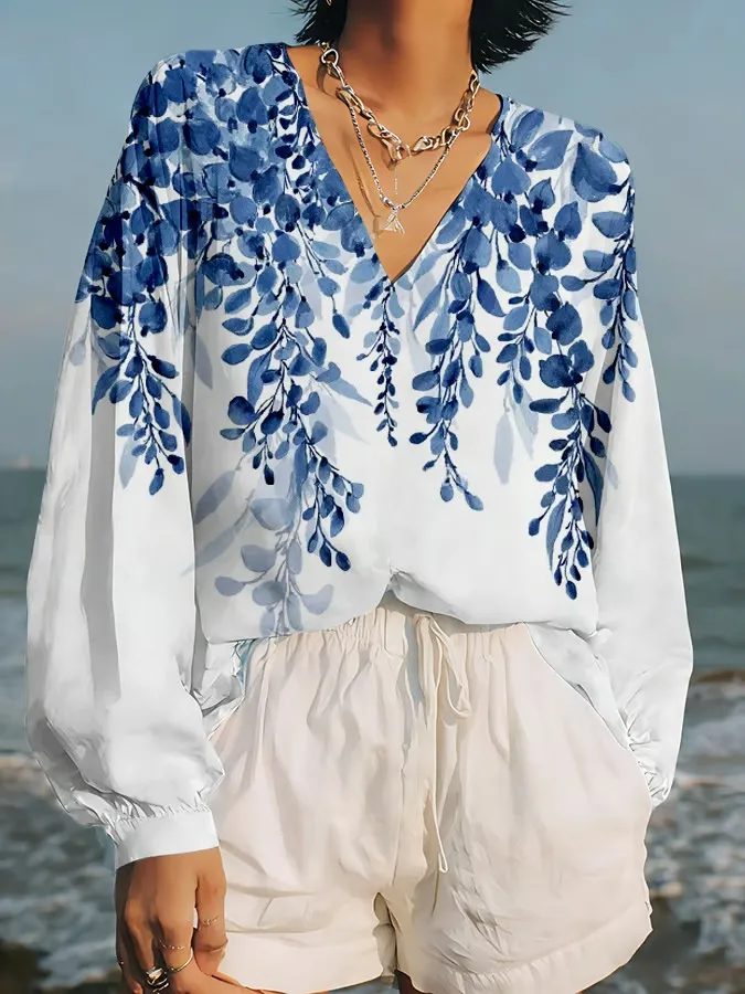 Women's Retro Flower And Plant Printed Art Shirt