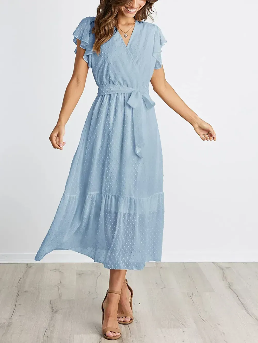 Women Summer Bohemian Floral Casual Wrap V Neck Ruffle Cap Sleeveless Belt A-Line Pleated Hem Swing Midi Sun Dress