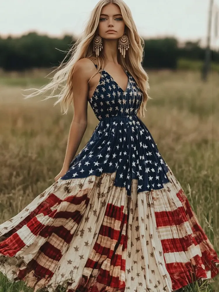 Women's Vintage Independence Day Flag Sleeveless Casual Maxi Dress