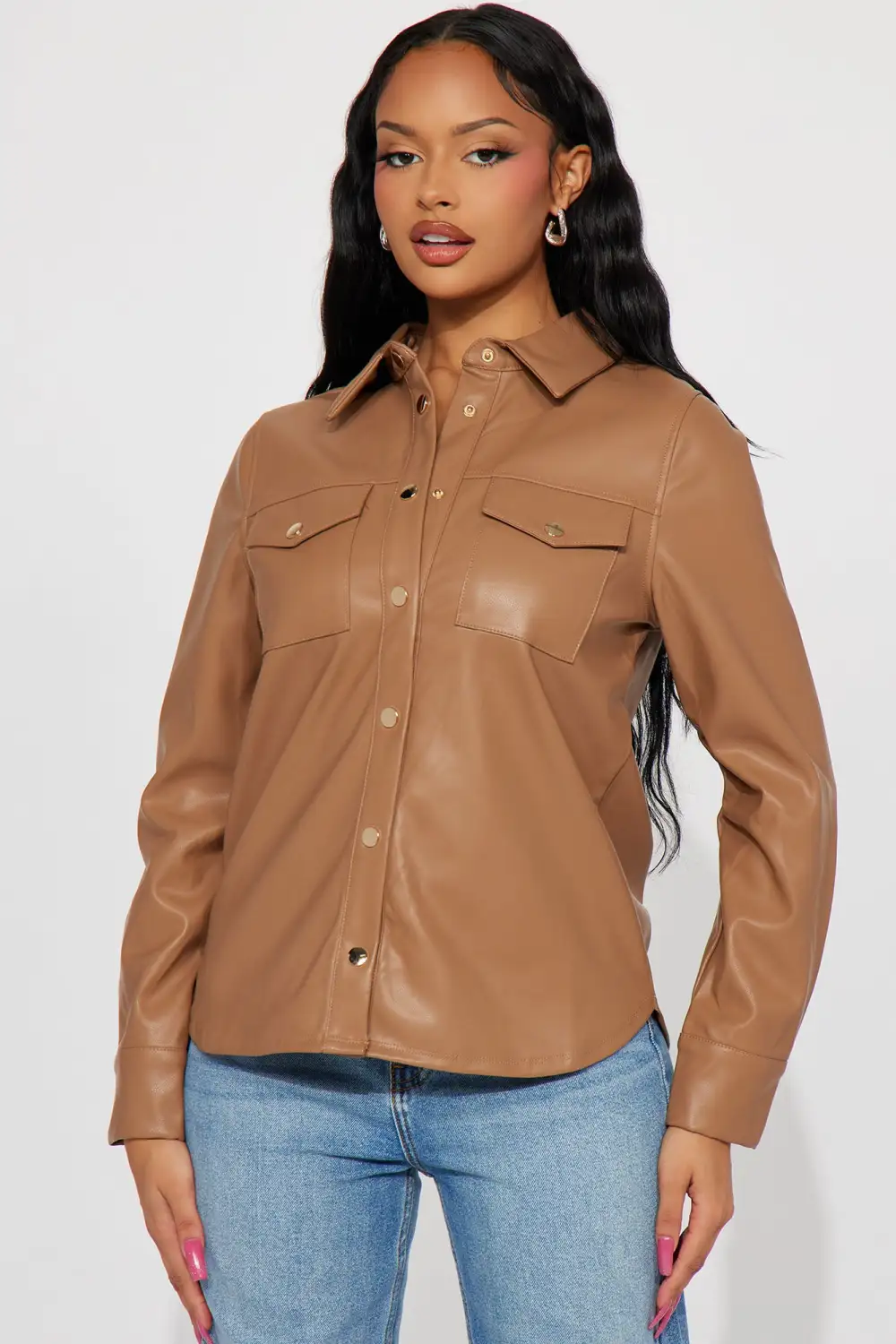 Enola Faux Leather Shirt - Camel