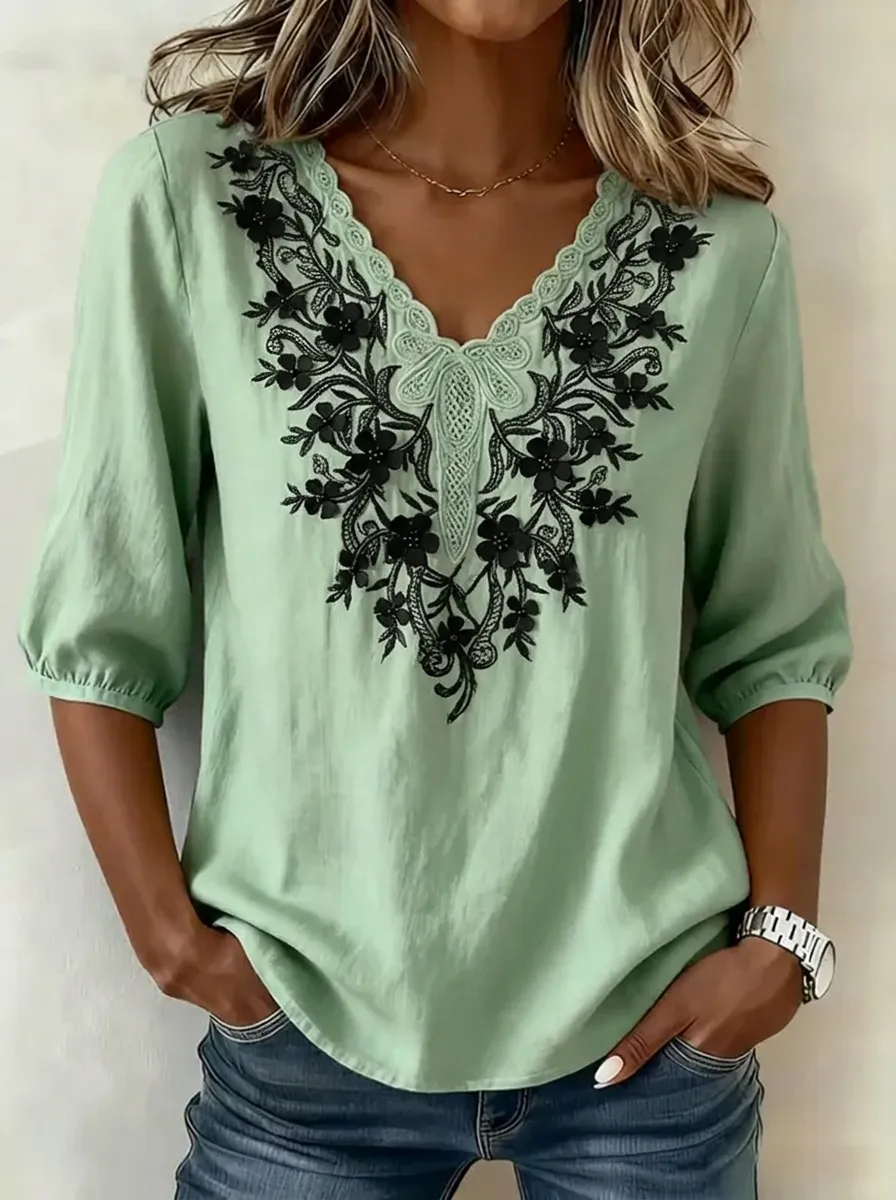 Women's Nashville Floral Embroidered V-Neck Printed Top