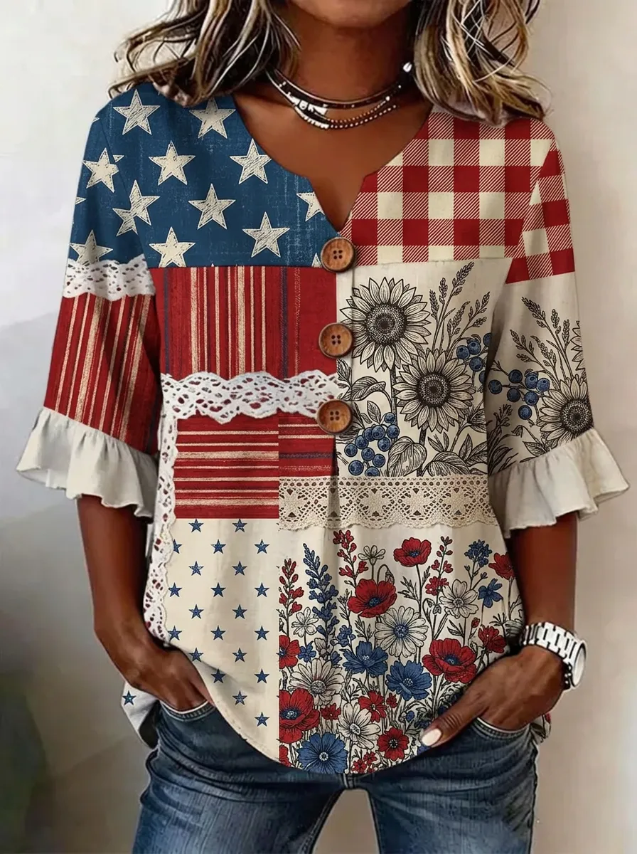 Women's Nashville USA Flag Sunflower Patchwork Printed V-neck Top