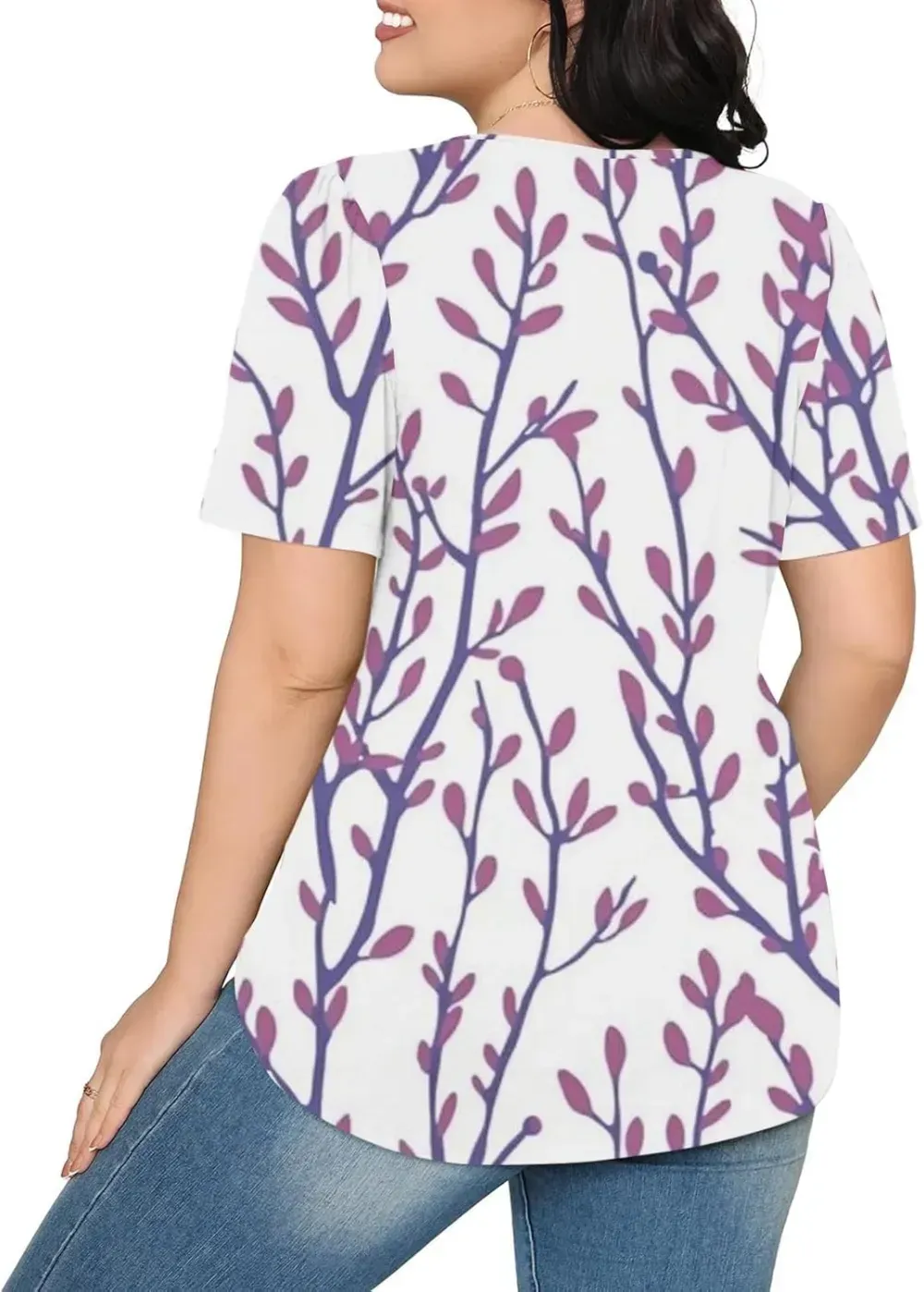 Womens Summer Pleated Front Shirts Tunics Casual Short Sleeved Loose Round Neck Boho Printed Tops Vacation Blouse