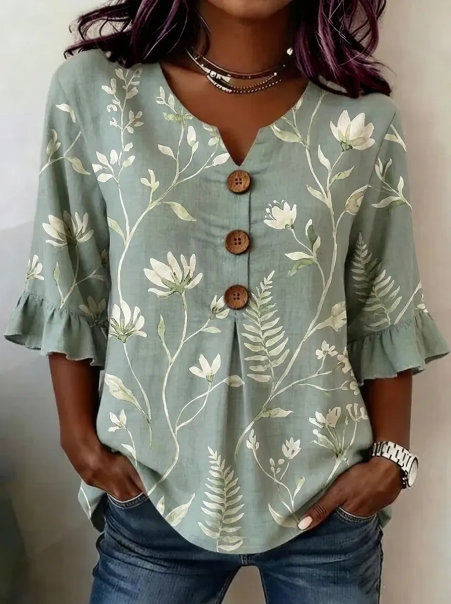 Women's Nashville Floral Fern Printed V-Neck Button Top