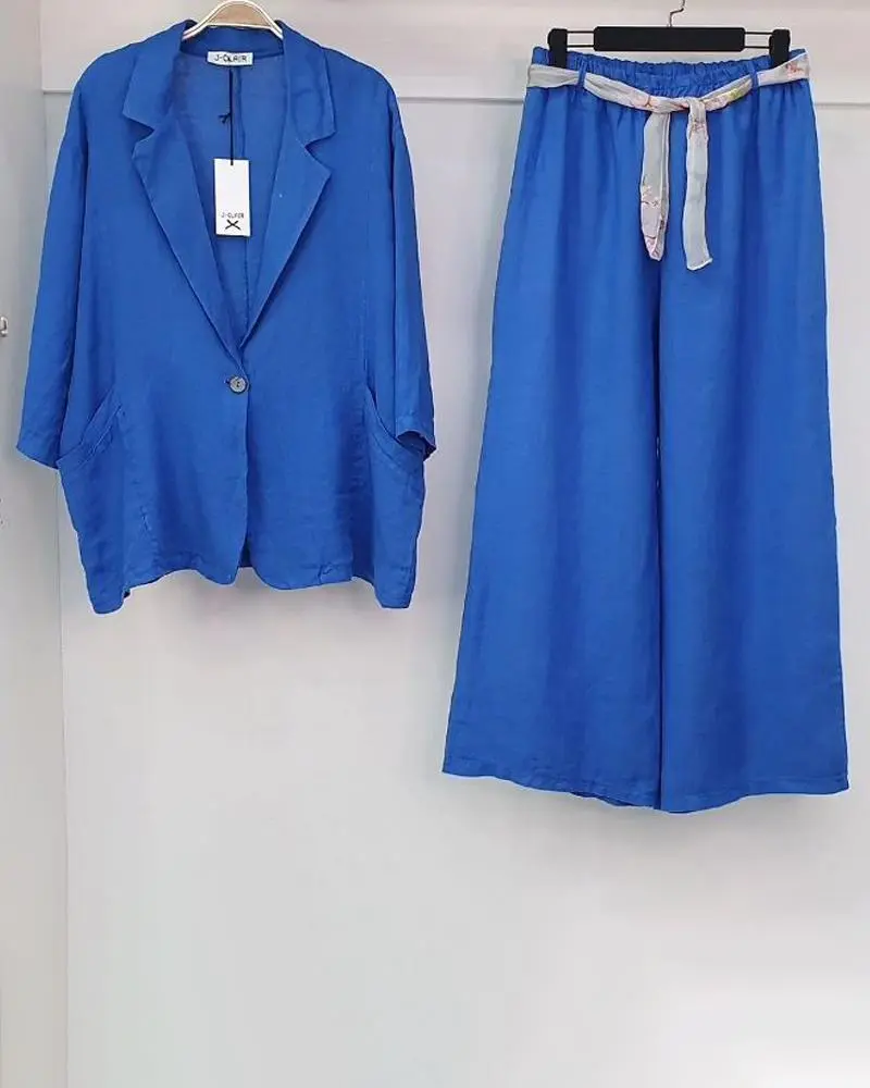 Buttoning Solid Color Jacket Over Wide Leg Pants Two-Piece Set