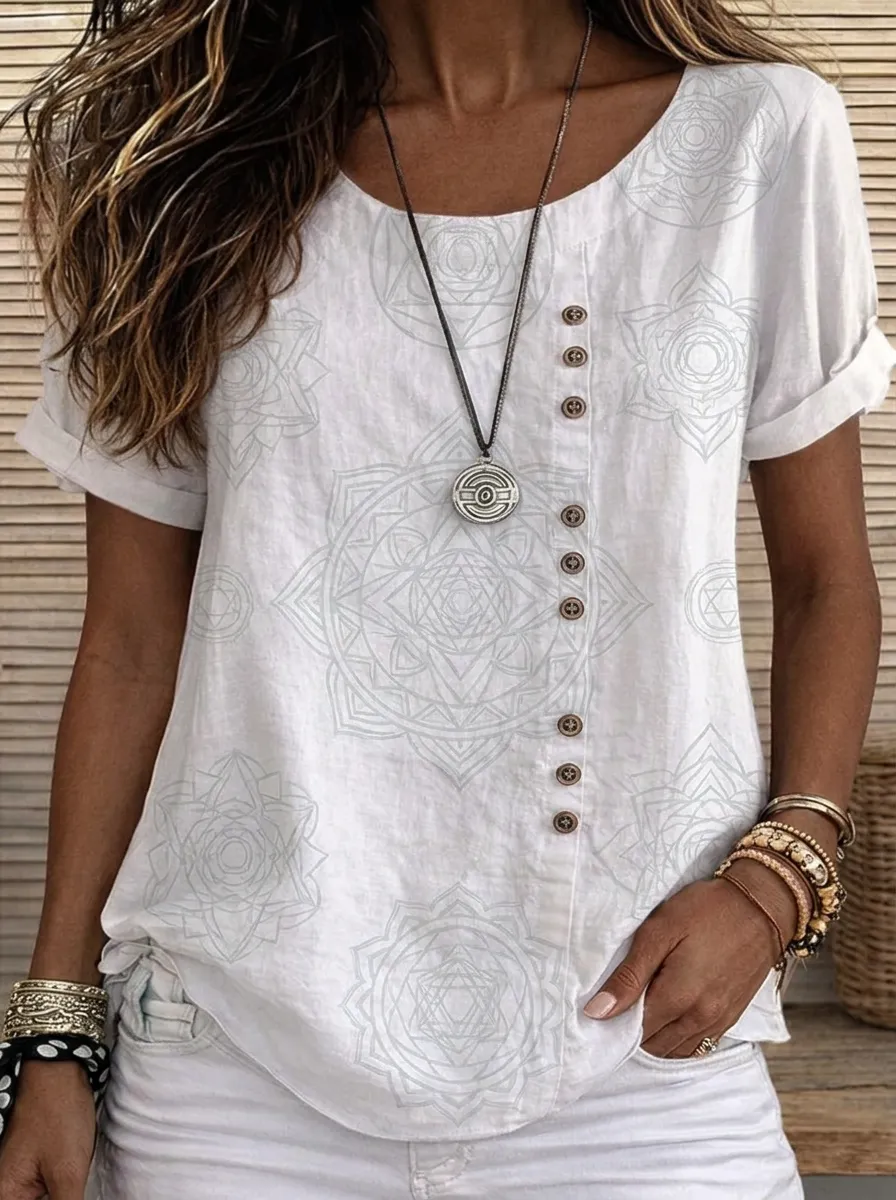 Women's Nashville Mandala Geometric Printed Button-Up Top