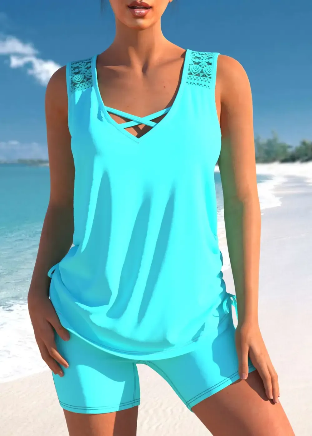 Floral Print Black Cross Strap Tankini Set