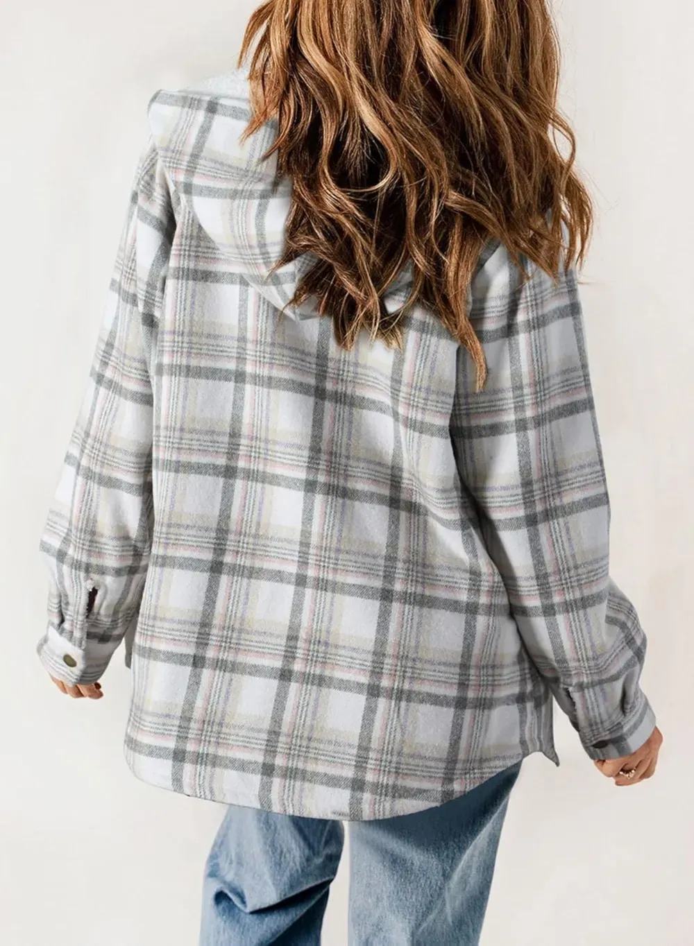 Womens Plaid Shacket Jacket Long Sleeve Button Down Fleece Hooded Jackets Warm Coat