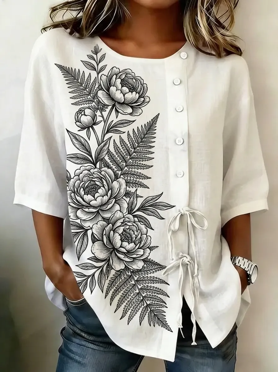 Women's Nashville Floral Peony Fern Printed Button-Up Shirt