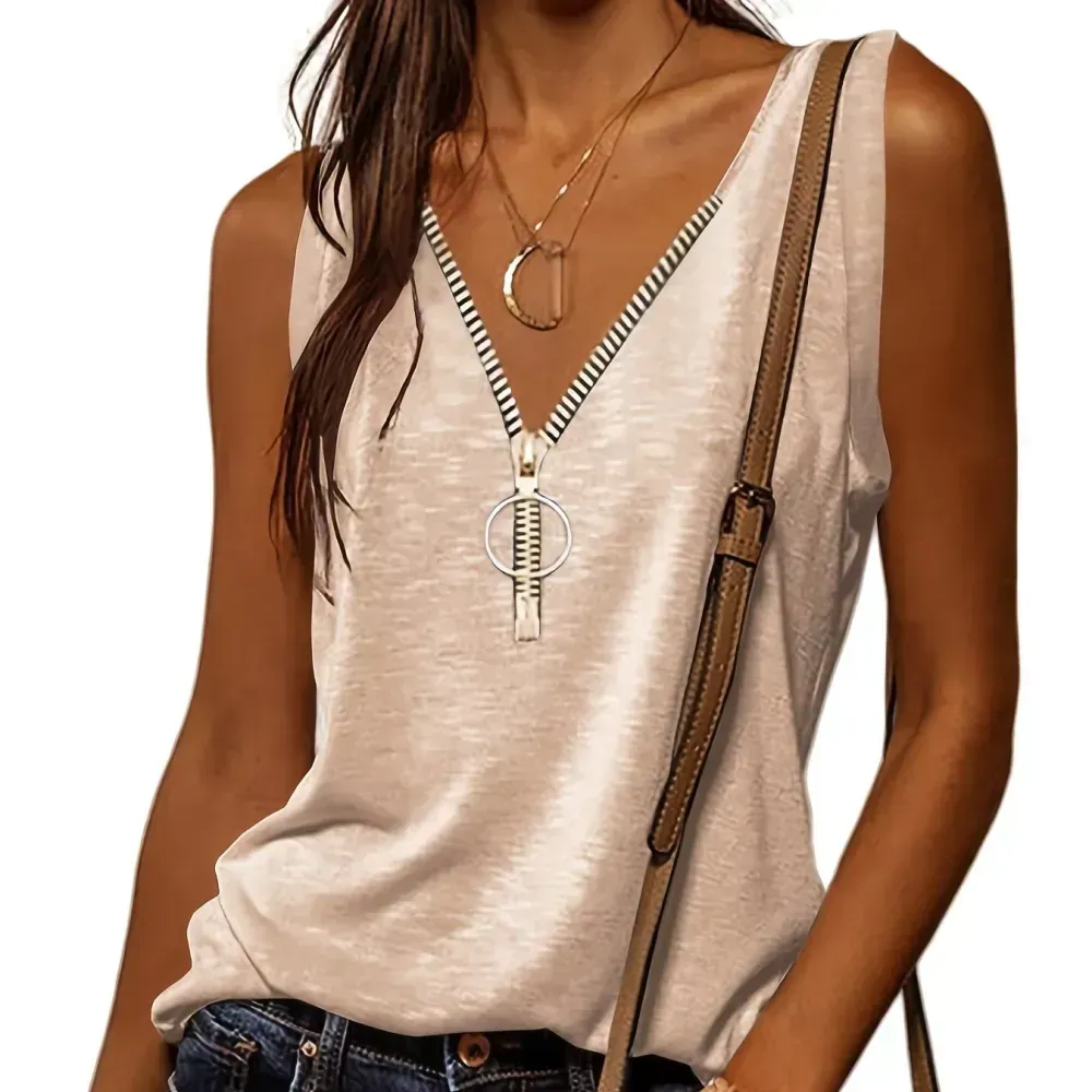 Casual V-neck Zipper Cami Top, Solid Fashion Sleeveless Loose Summer Fit Tank Top, Women's Clothing