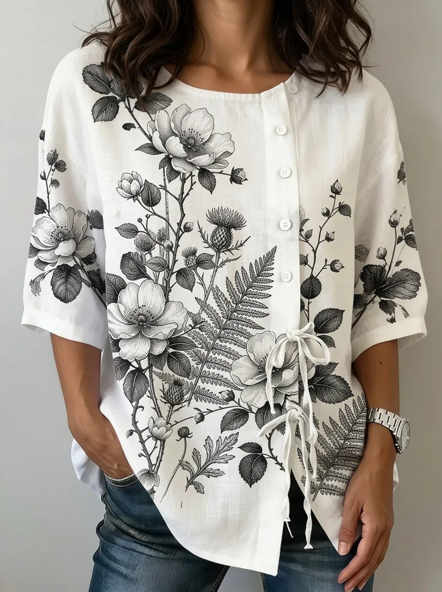 Women's Nashville Botanical Floral Printed Button-Down Top