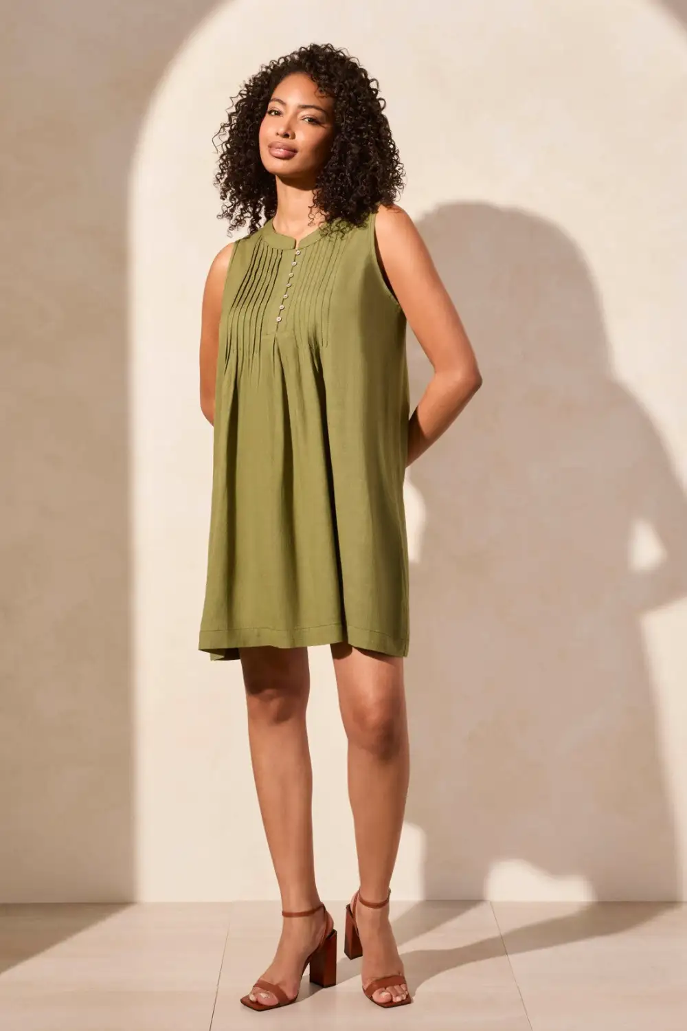 Linen Blend Pleated Sleeveless Dress-Loden