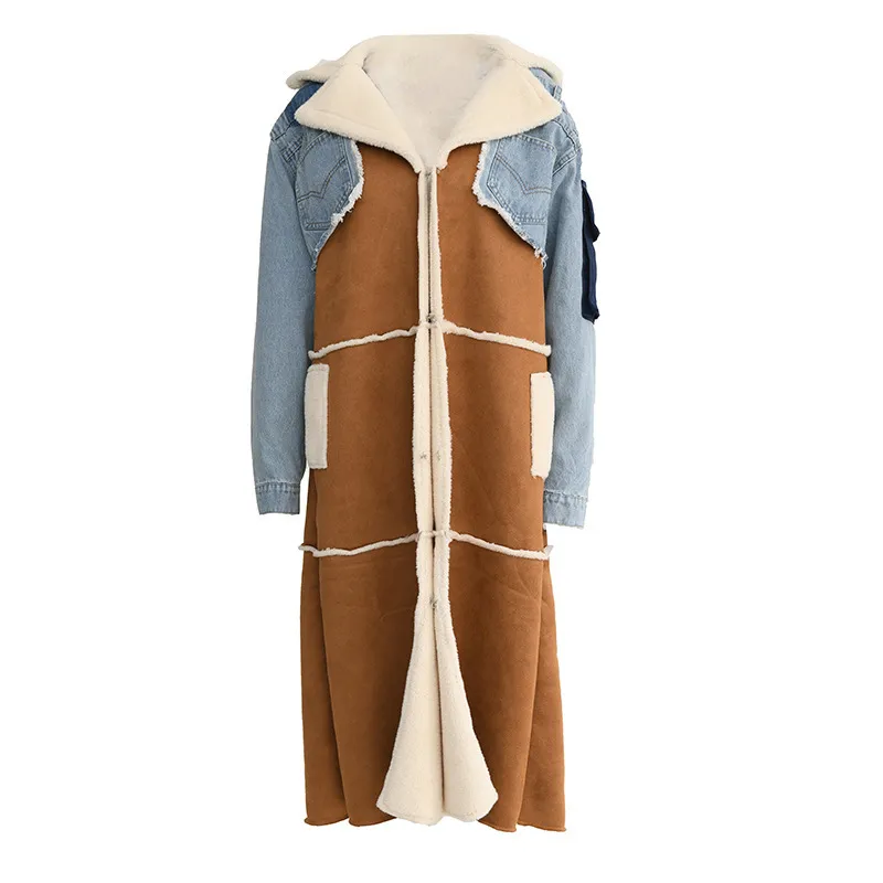 New fleece denim stitching winter lamb wool coat