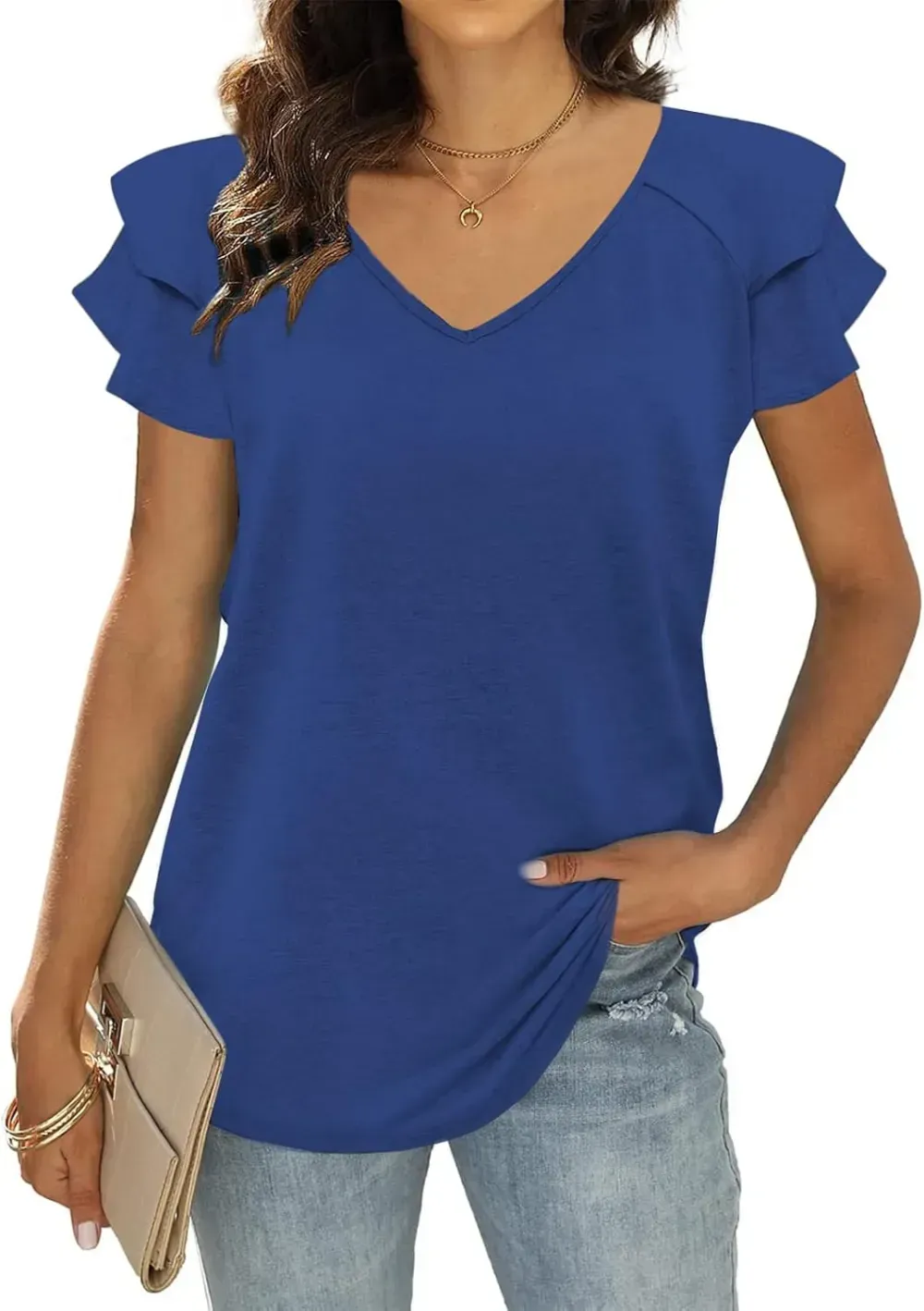 T&Twenties Womens Summer Tops Ruffle Short Sleeve Tunic Tops V Neck Loose Fit Flowy T-Shirts