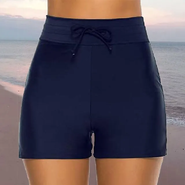 Women's Swimwear Bikini Bottom Swim Shorts Normal Swimsuit Drawstring Solid Color Black Navy Blue Bathing Suits Sports Beach Wear Summer