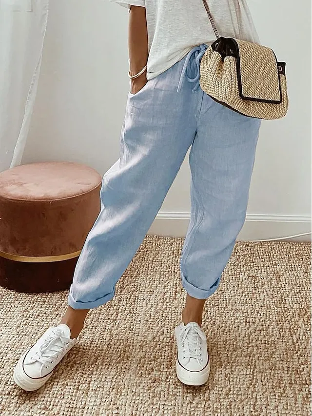 Women's Linen Pants Pants Trousers Baggy Cotton Plain Maillard Side Pockets Baggy Full Length Fashion Casual Daily Black White S M