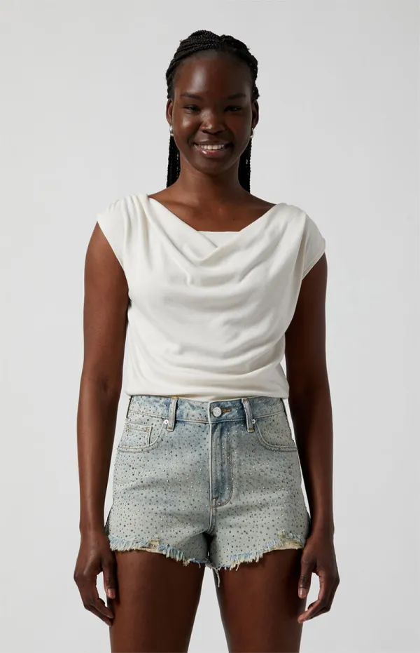 PacSun Light Indigo Rhinestone High Waisted Denim Festival Shorts