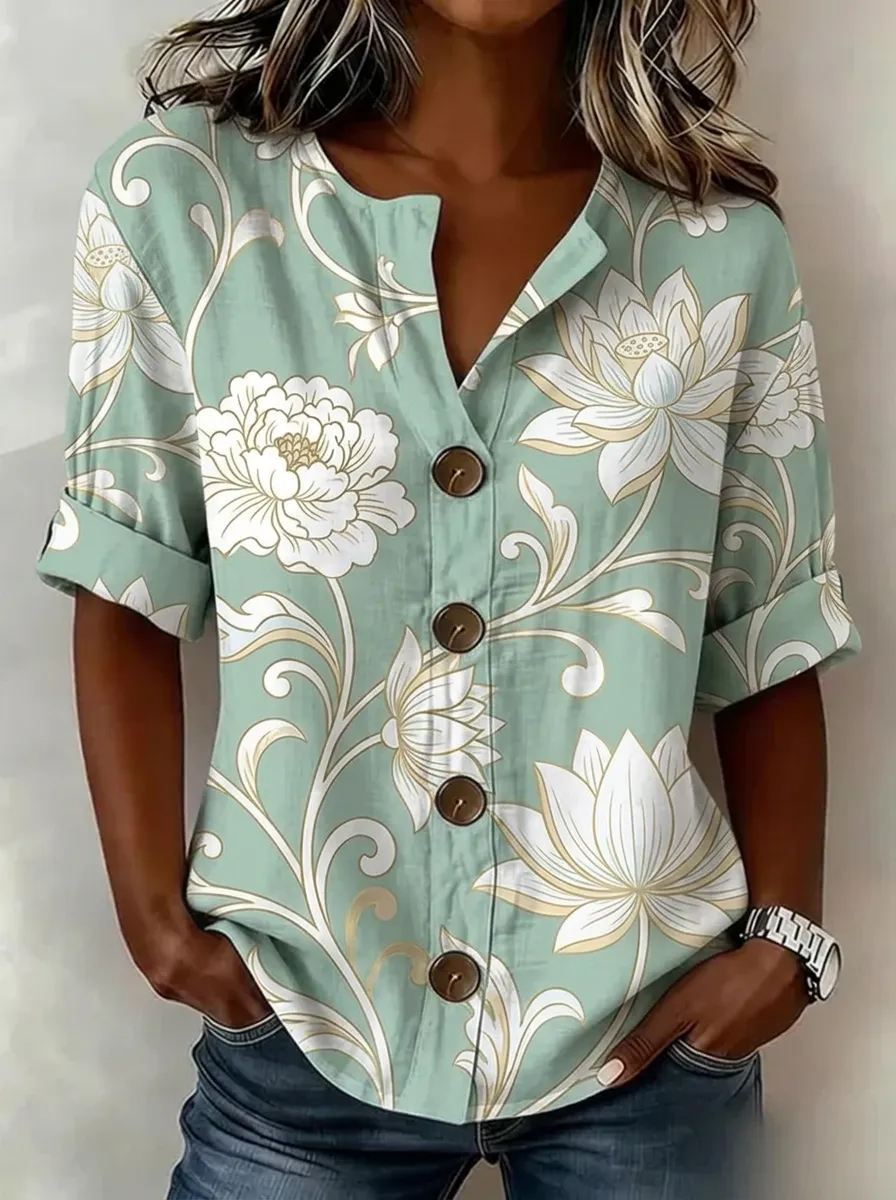 Women's Nashville Floral Botanical Printed Button-Up Shirt