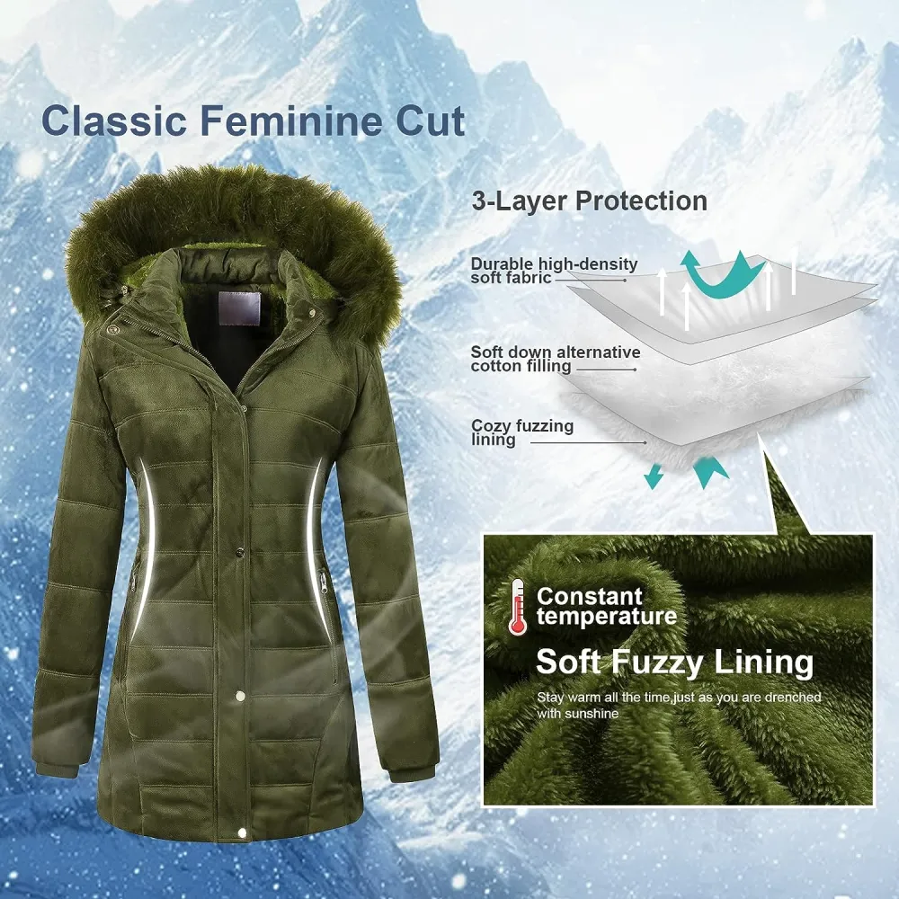 Women's Warm Winter Coat Velvet Puffer Jacket Quilted Faux Fur Hood