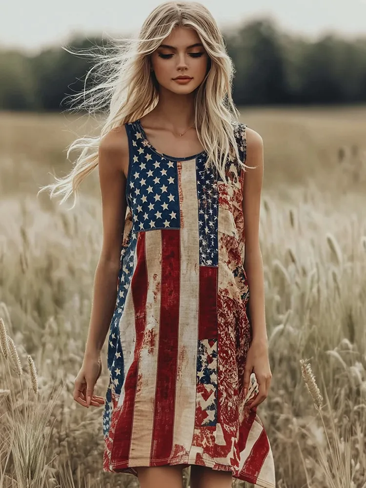 Vintage Independence Day Print Linen Tank Dress