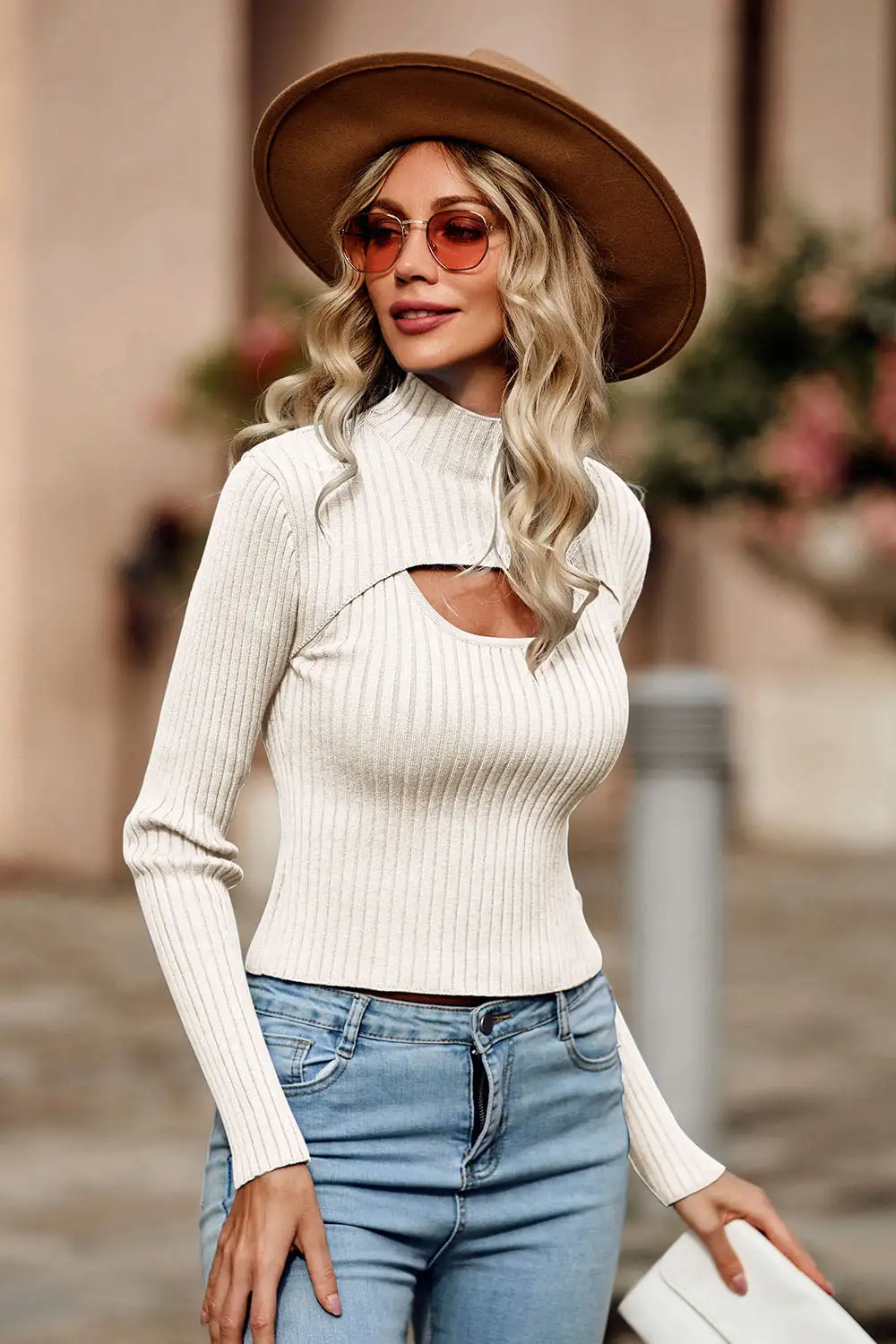 Two Piece Cutout Mock Neck Rib Knit Fitted Pullover Sweater