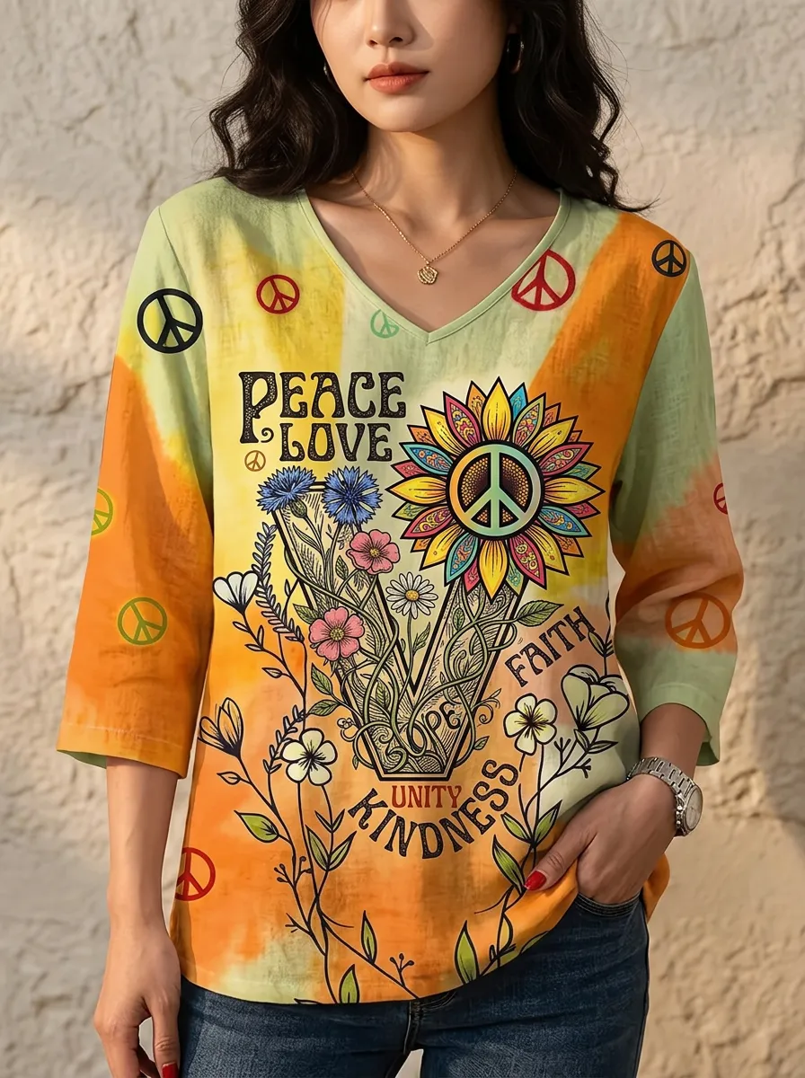 Women's Nashville Peace Love Sunflower Printed V-neck Top