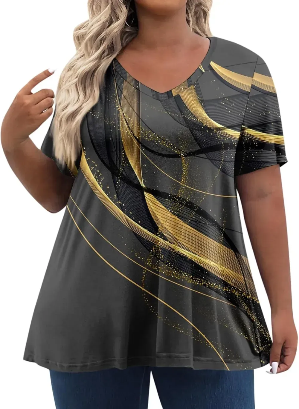 Plus Size Tops for Women Dressy Short Sleeve V Neck Shirts for Women Summer Tops for Women 2024 Floral Print Top
