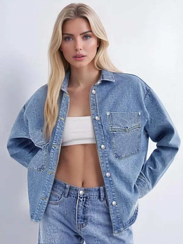 Women's Solid Color Button Denim Jacket