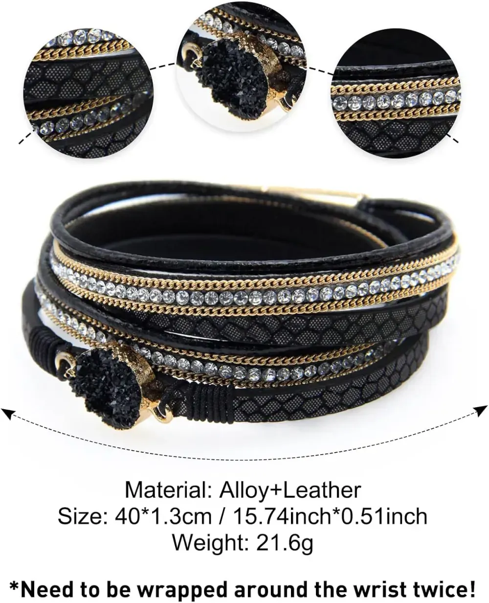 Fesciory Leather Wrap Bracelets for Women, Boho Leopard Multi-Layer Crystal Beads Cuff Bracelet Jewelry