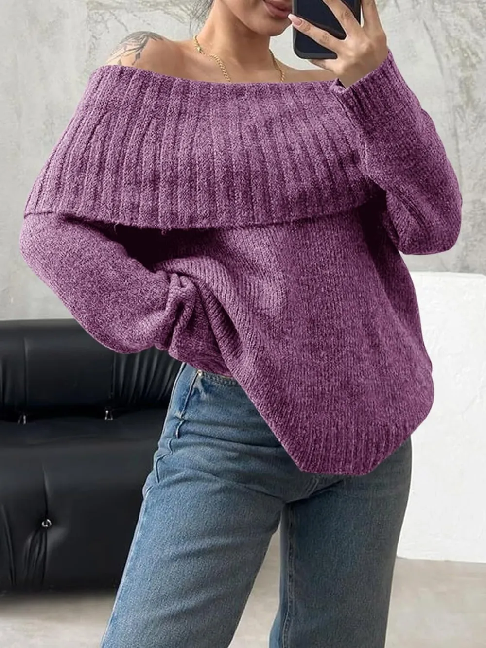 🎄Hot Sale Off The Shoulder Sweaters Long Sleeve Slouchy Knitted Casual Loose Fall Trendy Pullover Tops
