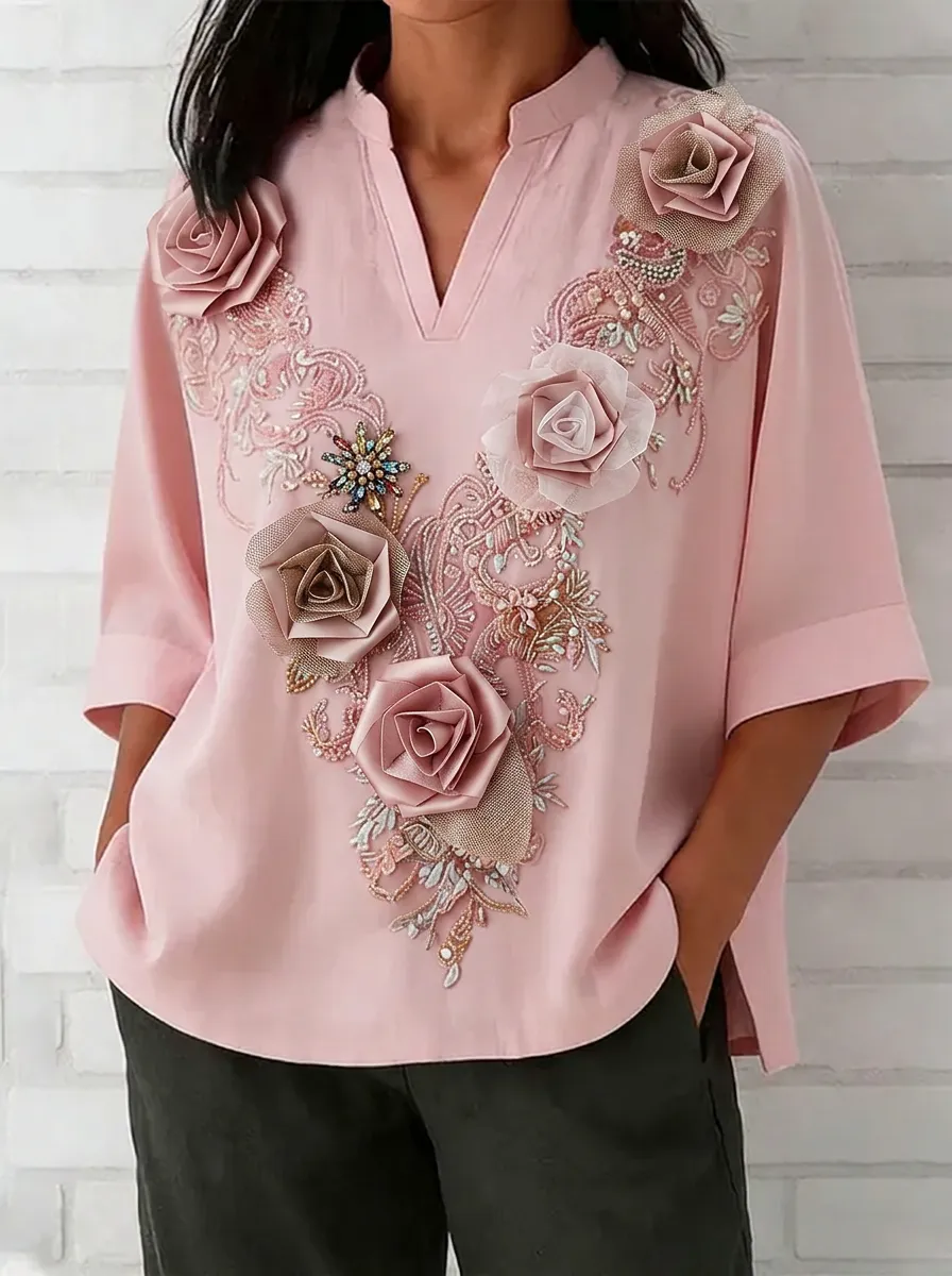 Women's Nashville Floral 3D Rose Applique Embroidered Top