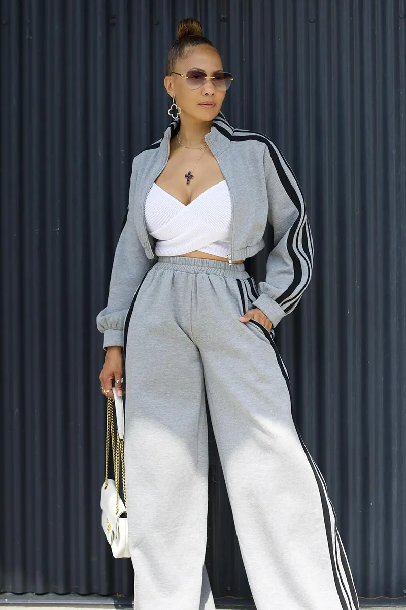 Colorblock Stripe Jacket Wide Leg Pants Casual 2pcs Set-Blue