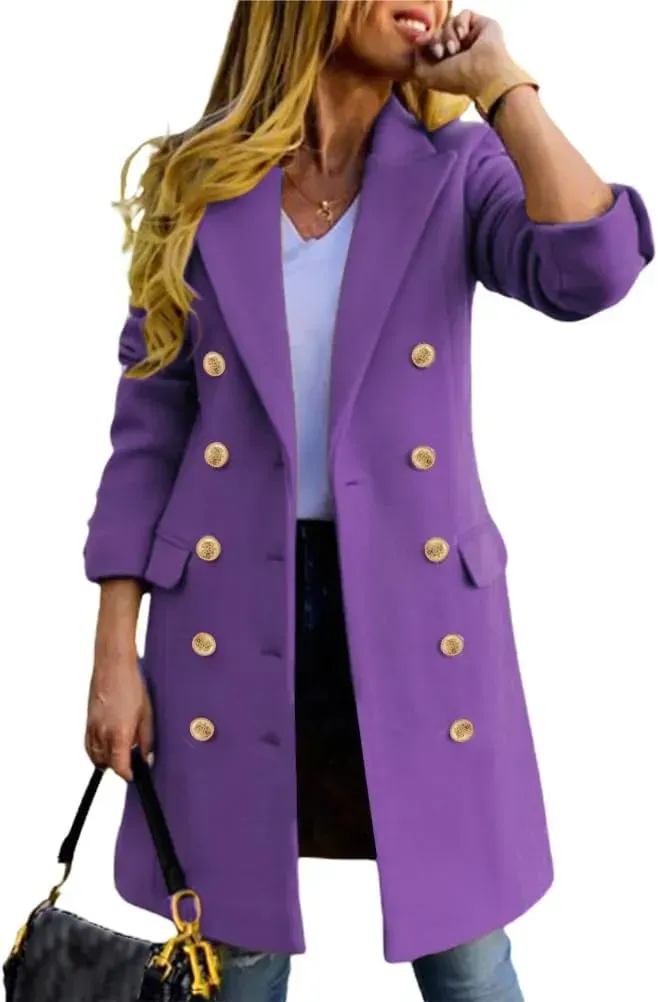 Womens Fall Winter Wool Coats Double Breasted Midi Peacoat Trench Coats