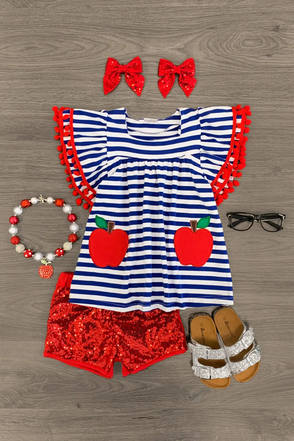 Blue & White Striped Apple Sequin Short Set