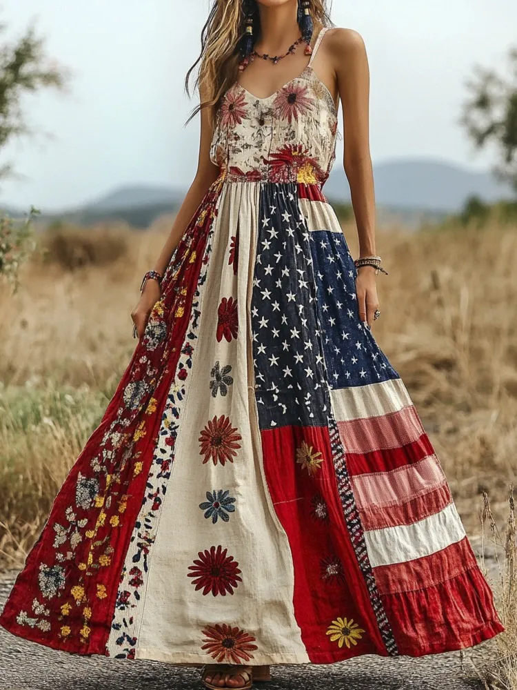 Vintage Boho American Flag Element Print Women's Linen Slip Dress