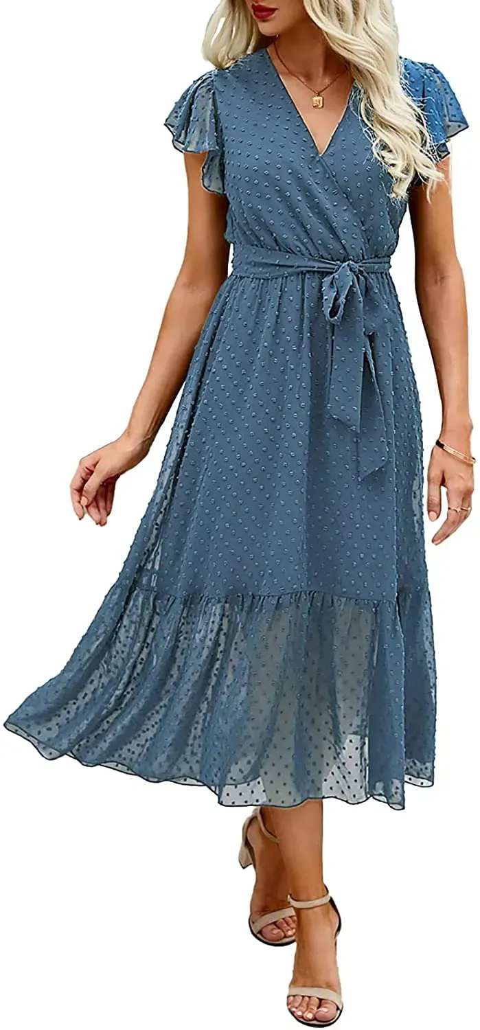 Women Summer Bohemian Floral Casual Wrap V Neck Ruffle Cap Sleeveless Belt A-Line Pleated Hem Swing Midi Sun Dress