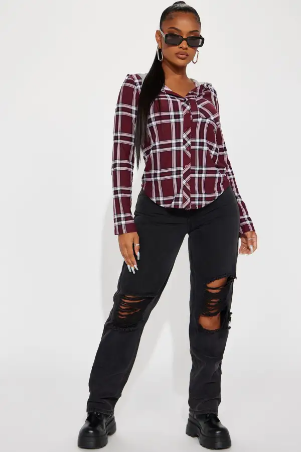 Make No Mistake Plaid Top - Wine/combo